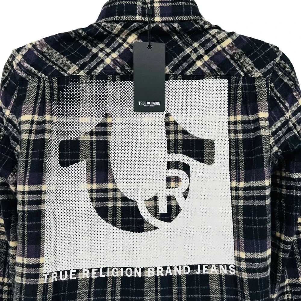 True Religion Mens Black Tan Fleece Plaid Shirt Sz Small Travertine Workwear NWT
